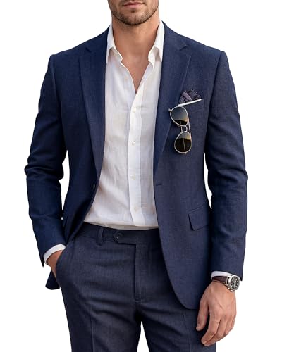 WULFUL Men's Slim Fit 2 Piece Suit, One Button Solid Blazer Business Party Jacket Pants Set Navy