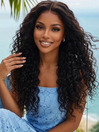 Image of KLAIYI Bye Bye Slip Water Wave 7X5 Precut Lace Front Human Hair Wig Drawstring Glueless 3S Ready to Wear and Go Wig with Baby Hair Pre Plucked Bleached Bye Bye Knots Curly Wig 180%Density Full 24Inch