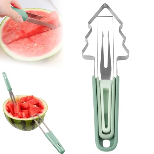 3-in-1 Watermelon Fork Slicer Cutter, 2025 New Stainless Steel Fruit Cutter Summer Watermelon Cutter Slicer Tool, Dual Head Fruit Knives Kitchen Gadgets (Green)