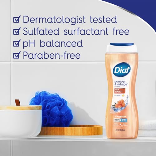 Image of Dial Body Wash, Hydraclean Complex & Vitamin E, Gentle, Leaves Skin Feeling Nourished, Dermatologist-Tested, No Parabens & Sulfates, Pamper & Indulge, Silk & Seaberry, 16 fl Oz (Pack of 4)