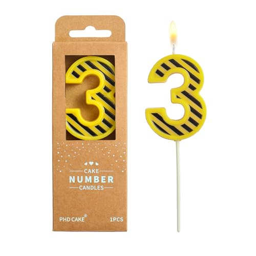 PHD CAKE 2.76 Inch Number 3 Construction Birthday Candles, Yellow and White Stripes Number Candles, Cake Number Candles, Party Celebration, Style Candle