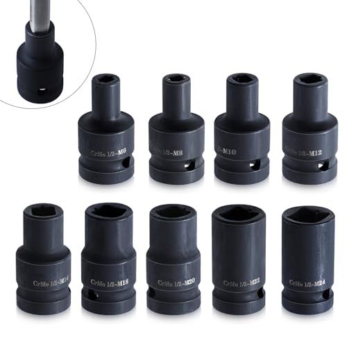 Goshyda 9 Pieces Tap Socket Set, 1/2 Inch Drive Square Socket Set, for Electric, Pneumatic, Hand Wrench, Cr Molybdenum Steel, Tool Accessories