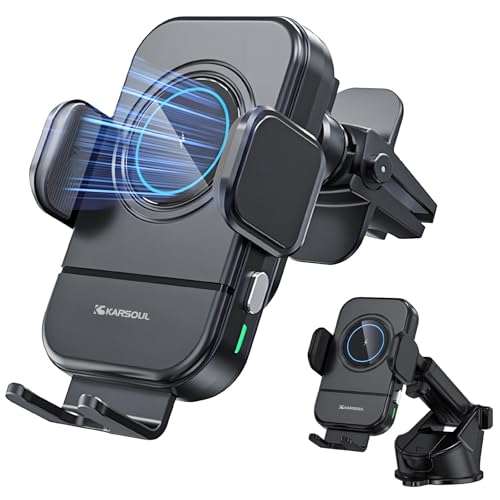KARSOUL Trådlös Laddare Bil 15W, Bilhållare Telefon Trådlös Laddare Automatisk Klämfäste, Kompatibel med Phone 16/15/14, Galaxy S25/S24, Qi, Luftventil/Instrumentpanel/Vindruta