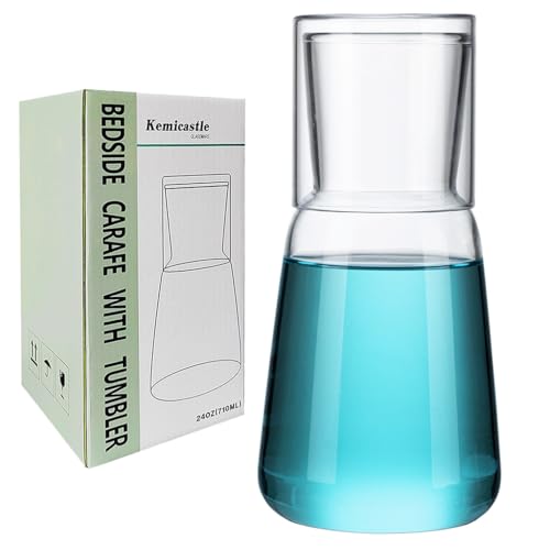 Kemicastle Bedside Water Carafe Glass Set,24OZ,Clear Nightstand Glass Pitcher Carafe with Lid Cup,Guest Bedroom Essentials,Mouthwash Decanter for Bathroom.