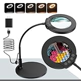 10X Magnifying Glass with Light and Stand, 5 Color Modes Stepless LED Lighted Desk Lamp, Hands Free Flexible Gooseneck Magnifier with Light for Reading Painting Sewing Craft Hobby Close Work