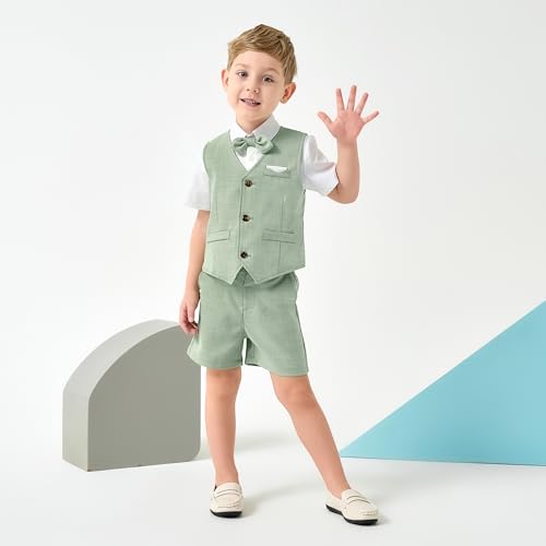 Image of Volunboy Baby Boys Summer Suits Short Sleeve Wedding Ring Bearer Outfits 4Pcs Graduation Dress Vest Shirt Bowtie Shorts Set