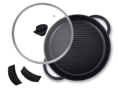 American Coated Grilling pan for Grill, Induction Hob, Stove Tops | 12.60" Diameter Grill Pan with Glass Lid, Oven Safe up to 280*C
