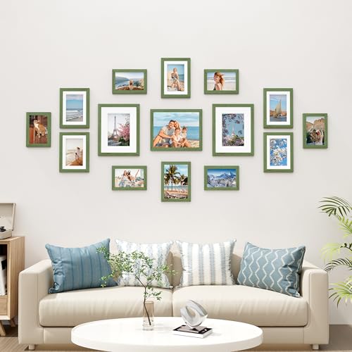Image of Vittanly 15 Pack Picture Frames Collage Wall Decor for Mounting or Tabletop Display, Gallery Frame Set for Family, Multi Sizes Including 3pcs 8x10, 6pcs 5x7, 6pcs 4x6, Rustic Green