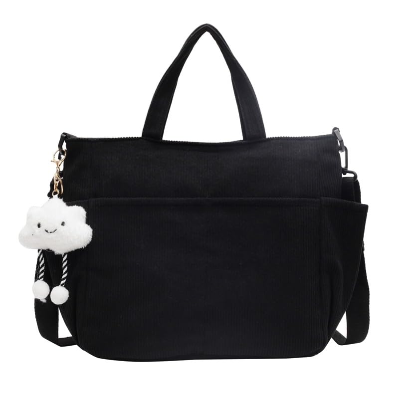 Bolsa feminina de veludo cotelê - bolsa de ombro espaçosa, bolsa tiracolo elegante, Preto, 14.2 x 10.6 x 5.1 inches