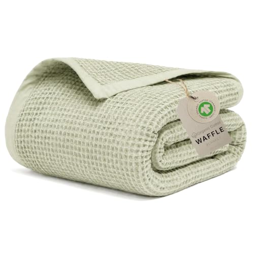 Image of GOTS Certified 55 inchX60 inch Throw 100% Organic Cotton Waffle Blanket-Sea Foam | Premium Waffle Blankets & Throws for Bed, Throw Blanket for Couch, Modern & Cozy Blanket, All Season, Comfy and Soft Blankets