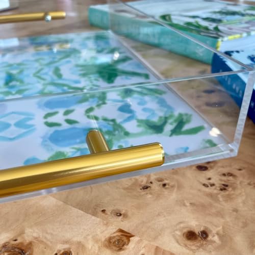 Acrylic Serving Tray with Gold Handles - 11"x14" Decorative Clear Tray, Green and Blue Watercolor Botanical - Vanity, Cofee Table, Bar Cart, or Bathroom Organizer - Image 4