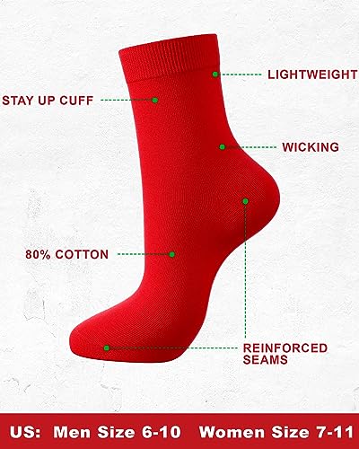 Toulite 12 Pairs Red Crew Socks for Men Women Quarter Crew Dress Socks for Christmas New Year Gift, Men 6-10, Women 7-114