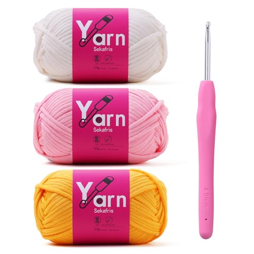 Image of Crochet Yarn 150g /163.5yds Cotton - Chunky Yarn for Crocheting and Knitting - Easy-to-See Stitches - Golden Yellow, White, Pink