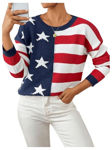 SweatyRocks Women's American Flag Sweater USA Star Striped Knit Sweater Crew Neck Pullover Long Sleeve Top