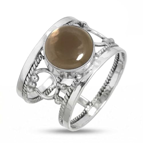 Jeweloporium Topaze Fumé Marron Bague Plaqué Argent Taille 64, Bague en Argent Sterling .925 pour Femme, Pierre Ronde Bijoux Bohème