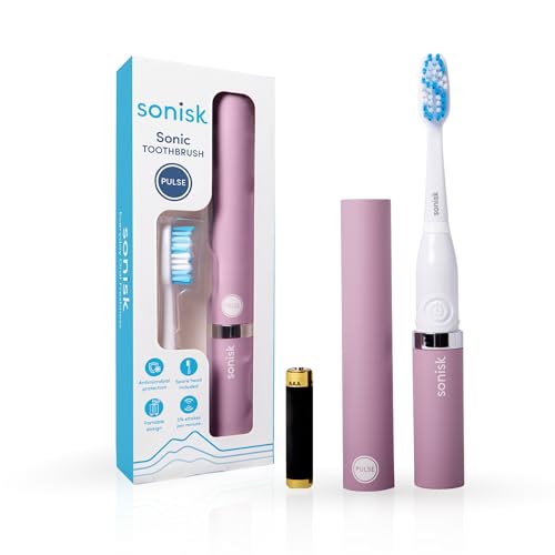 Sonisk Pulse Elektrische Zahnbürste, batteriebetrieben, tragbare Reisegröße mit antimikrobieller Schalltechnologie, 1 x Akku, 2 x Bürstenköpfe, 1 x Reiseetui im Lieferumfang enthalten (Flieder)