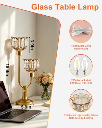 Image of Lightdot Mid Century Modern Table Lamp Dimmable Vintage Gold Glass Lamp | Nightstand Lamp Amber Glass Desk Lamp Bulbs Included Warmwhite Ambient Bedside Lamps for Bedroom Living Room Home Decor Gift