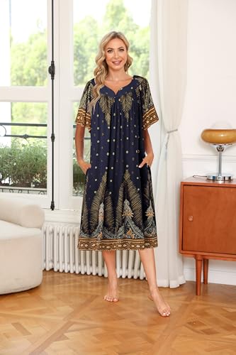 Image of Ekouaer Womens Nightgown Short Sleeve House Dress with Pockets-Floral Print Mumu Dress