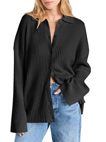 Danedvi Womens Collared Cardigan Sweaters Oversized Ribbed Knit Open Front Button Up Bell Sleeve Outwear