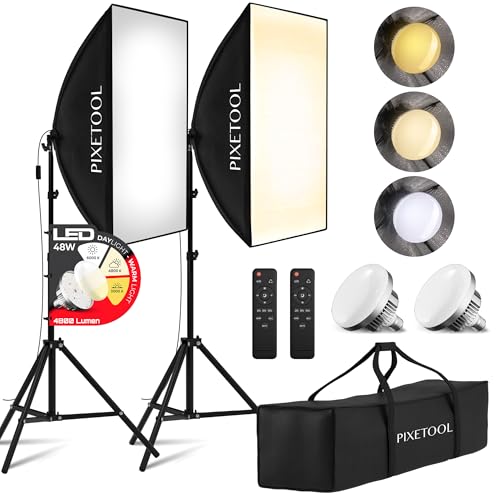 PIXETOOL Softbox Kit Studio Photo et Éclairage - 2 Softbox 70x50 cm, 2 LED Lampe Photo 4800 Lumens 3000-6000K - Eclaraige Light - Lumiere Video Streaming Gaming