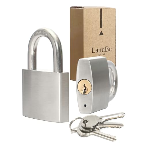 Image of LanuBe 304 Stainless Steel Keyed Alike Padlocks for Outdoor use, Pin Tumbler Padlock, 2 inch Wide Body, Stainless Steel Body Normal Shackle, Pack of 1