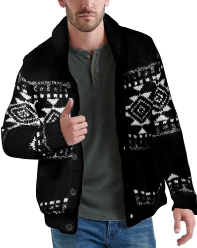 Runcati Mens Shawl Collar Cardigan Sweater Multi-Color Button Down Knitted Sweaters with Pockets