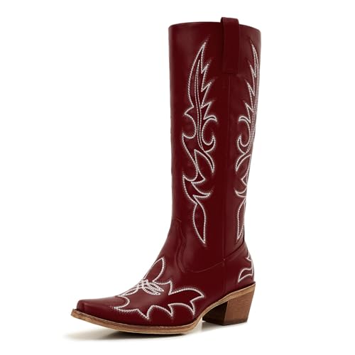 Image of Uillnoodu Women's Turquoise Cowgirl Boots - Wide Calf Mid Calf Western Boots Plus Size Embroidered Cowboy Style with Block Heel