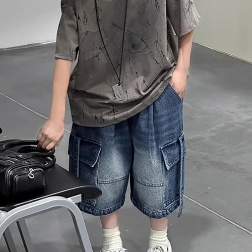 Boys Cargo Jean Shorts Knee Length Elastic Waist Baggy Denim Pants Patchwork Vintage Teenager Summer Y2K Streetwear3