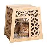 Indoor Solid Wood Cat House, Handcrafted Vintage Carved Hollow Design, Natural Wood Finish, Easy Assembly & Cleaning, Elegant Pet Shelter for Feline Friends
