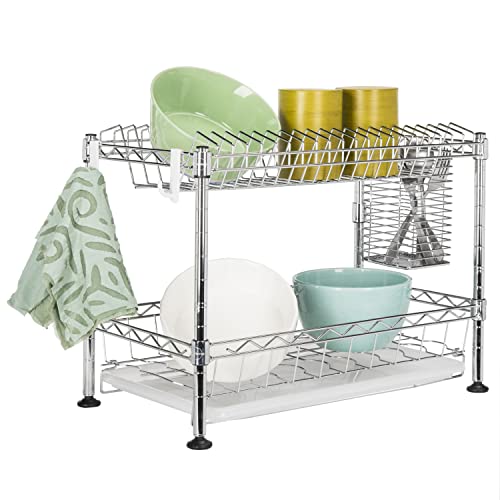 happimess DSH1002A Brooklyn 24' 2-Tier Adjustable Dish Rack with a Cutlery Holder, Durable Carbon Steel for Various Tableware, Easy Installation, Chrome