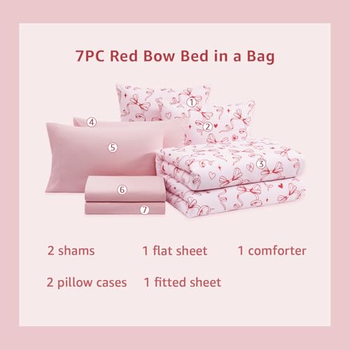 Image of Full Size Comforter Set for Girls Red Bow Heart 7 Pieces Bed in a Bag