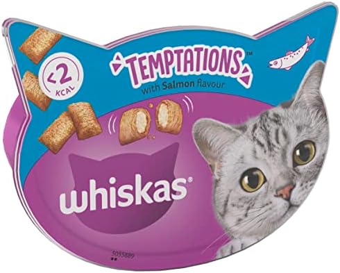 WHISKAS Temptations - Tasty, crunchy treats for adult cats, small bite size snacks with a delicious salmon flavour filling, 4 x 180g packets - Pack may vary