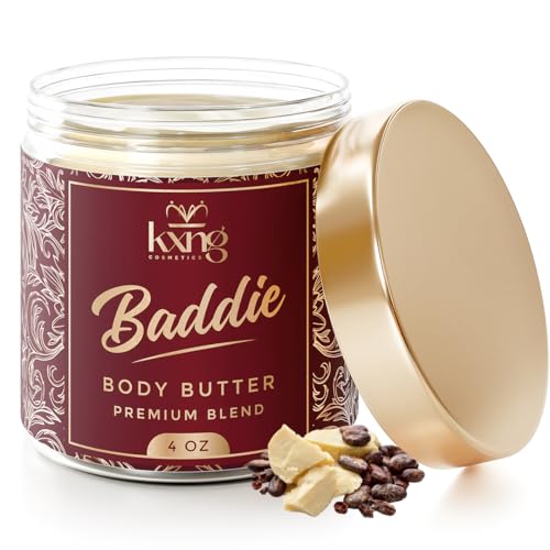 Image of KXNG Cosmetics Organic Shea Body Butter Cream - 4oz | Luxury Moisturizing Cream for Men & Women with Shea, Cocoa & Coconut Oil | Deep Hydration for Dry Skin, Hands & Feet - Baddie