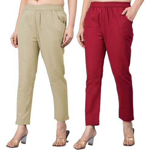 Image of Regular Fit Fully Elastic Waist Ankle Length Premium Cotton Casual Trouser Pant (Combo Pack of 2)