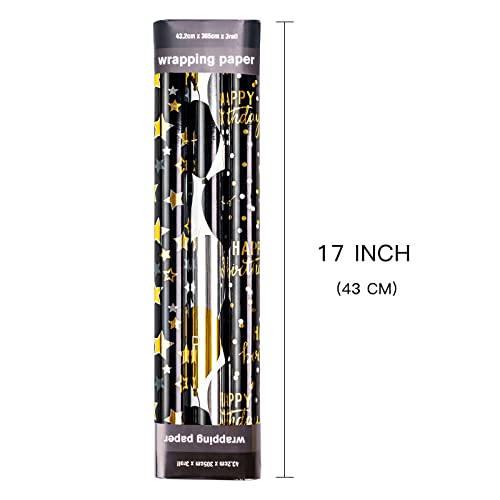 LeZakaa Birthday Wrapping Paper Roll - Mini Roll - Metallic Foil with Balloon, Star and Happy Birthday Lettering - 17 x 120 inches, 3 Rolls (42.5 sq.ft.ttl.) - Thumbnail 2