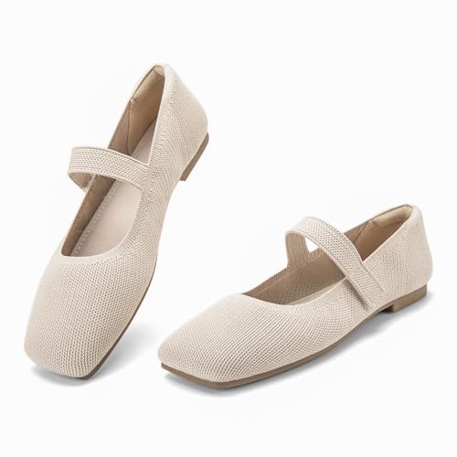 Image of Soesyi Wide Toe Box Flats Women Comfort Slip On Ballet Shoes Mary Jane Dressy Knit Flats with Adjustable Straps Washable Casual Office