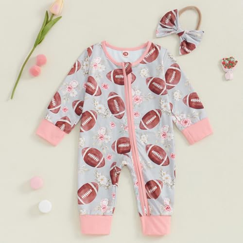 2Pcs Baby Girl Football Outfits Long Sleeve Flower Print Jumpsuit Romper with Headband Set Infant Clothes2