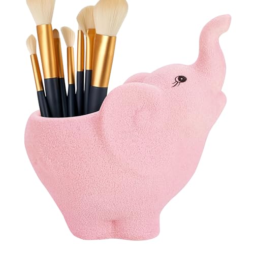 Biiange Pink Ceramic Elephant Makeup Brush Holder, Cute Makeup Brush Organizer, Decorative Cosmetic Storage Container for Desk, Vanity & Bathroom