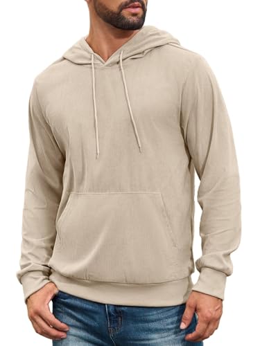 Auxo Mens Hoodies Pullover Corduroy Drawstring Long Sleeve Casual Lightweight Hooded Sweatshirt with Kanga Pocket