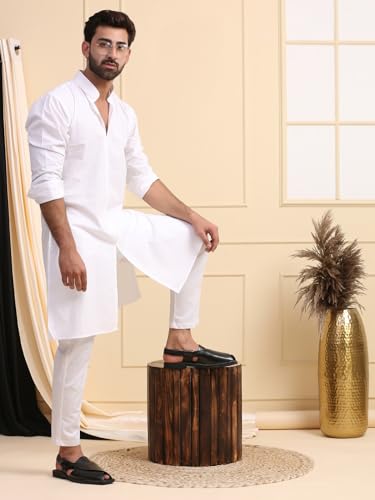 Image of MIDAV Mens Cotton Poplin Kurta for Festivals & Events | Solid Plain Weave Full Sleeves Mandarin Collar Kurta |Classic Design, Premium Comfort, and Versatile Style |IFK076-A P