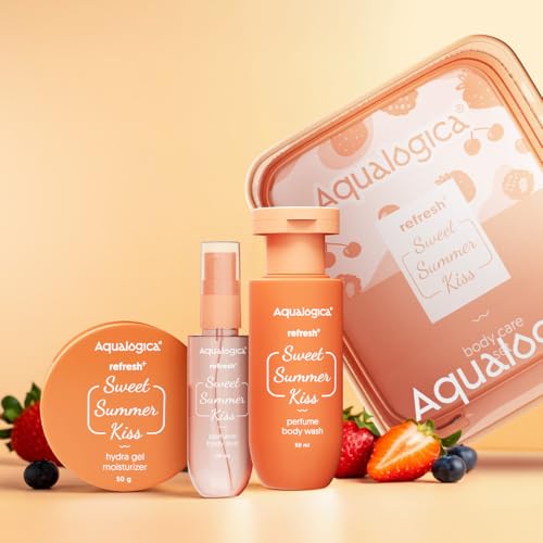 Image of Aqualogica Refresh+ Sweet Summer Kiss Body Care Set | Perfume Body Wash + Perfume Mist + Hydra Gel Moisturizer