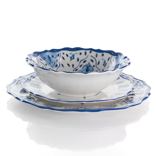 Elama Lightweight Dinnerware Set, 12 Piece, White and Blue