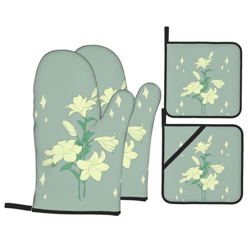 TYUMH Lys blancs dessin animé cuisine pâtisserie 4 pièces tissu isolant épais résistant à la chaleur adapté pour la cuisson au four grillades