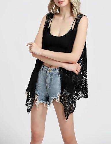 Image of Women's Floral Crochet Vest Hollow Out Open Front Vintage Boho Lace Button Sleeveless Crochet Cardigan