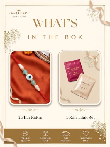Image of Karatcart Stylish Light Blue Beads Evil Eye Handmade Rakhi for Brother with Roli & Chawal