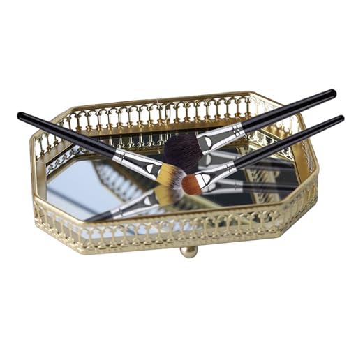 Bandeja Golden Mirror: elegante bandeja de tocador de vidrio con marco de oro, organizador de encimeras de joyería duradera, accesorios de perfumes | Ideal para tocadores de dormitorio