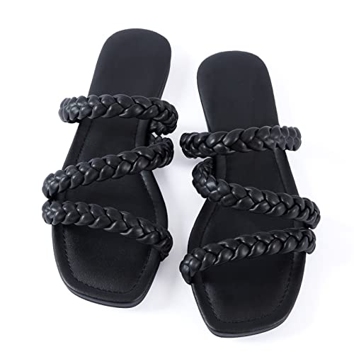 Image of Mtzyoa Women's Strappy Flat Sandals with Toe Ring | Lightweight Walking Slides | Summer Beach Wedding Shoes | Black | Casual Dressy Vacation