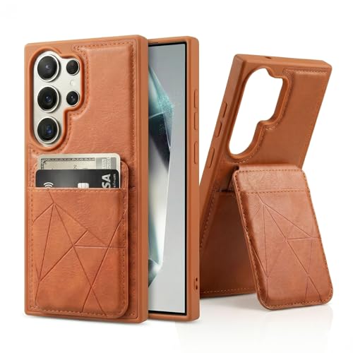 Image of amazon basics Premium Vegan Leather Back Cover with Card Holder and Integrated Mobile Stand for Samsung Galaxy S24 Ultra 5G - Slim Shockproof Wallet Case with Geometric Stitching [Tan]