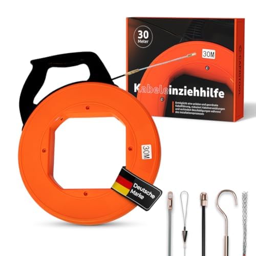 CAPRITOOL Kabeleinziehhilfe 30m – Flexible Einziehfeder und Zugdraht für Leerrohre – Kabelziehhilfe inkl. 5 Adapter – Langlebige Kabel Einzugshilfe für Elektroarbeiten – Hochwertige Einziehspirale