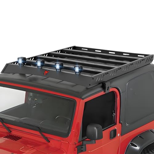 YZONA Roof Rack Cargo Basket with 4PCS LED Light Bar Compatible for 1997-2006 Jeep Wrangler TJ 2 Doors Hardtop, Luggage Racks Rooftop Storage Carrier (Black)